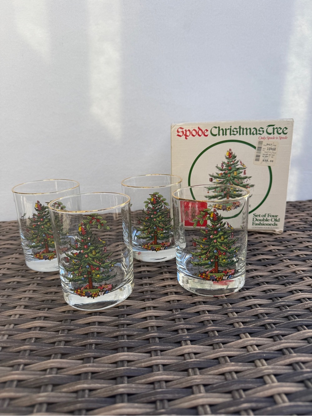 Spode Christmas Tree Double Old Fashioned Glasses Set of 4 Gold Rim Original Box